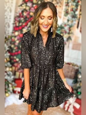 SSYS Gloria 3/4 Sleeve Tiered Ruffle Collared V-Neck Sequin Dress Black Size M